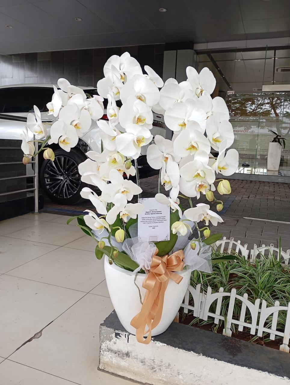 Rangkaian bunga anggrek bulan putih phalaenopsis premium untuk gift korporat dan peresmian Cikarang