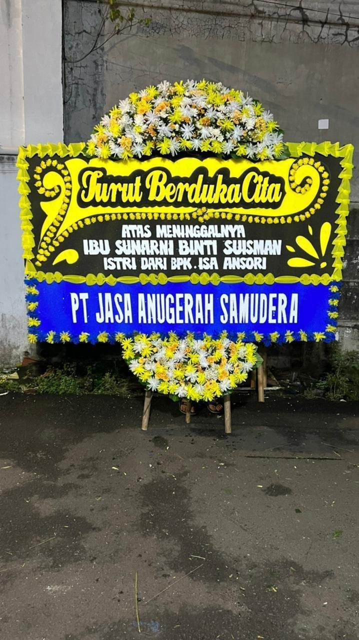 Bunga papan duka cita Cikarang biru kuning rangkaian belasungkawa